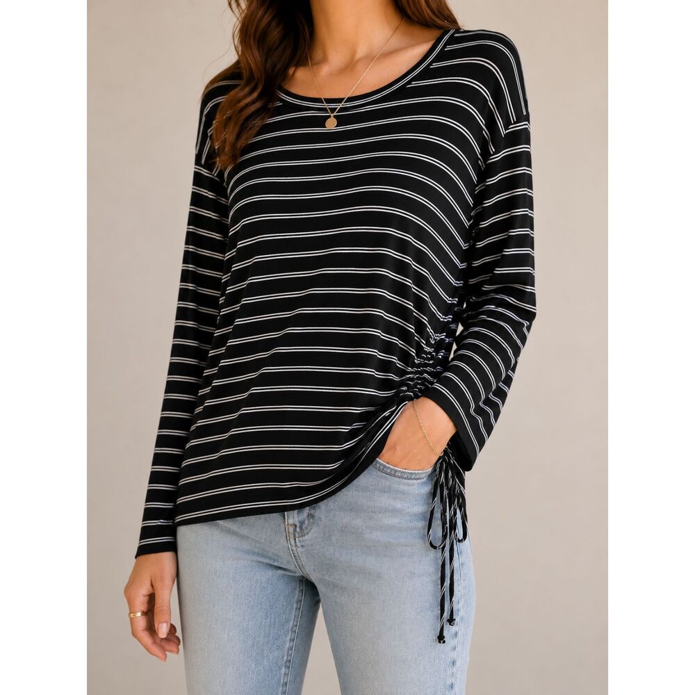 Evy's Tree Black White Stripe‎ Ruched Side Long Sleeve Top 2X Plus Relaxed